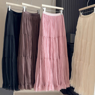 灰色松紧腰半身裙女夏季垂感百搭网纱裙温柔宽松a字裙子大摆长裙