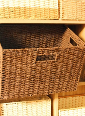 客厅编织储物筐桌面整理箱零食玩具框家用仿藤编篮草编衣柜收纳箱