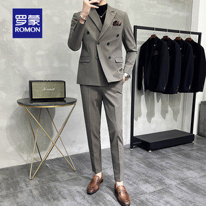 罗蒙春秋季新郎西服套装商务休闲职业正装条纹英伦风双排扣西装男
