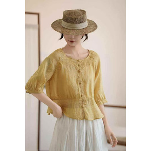 女 苎麻圆领小衫 夏季 复古文艺气质衬衣宽松刺绣衬衫 A127