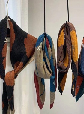 韩版黑色山茶花褶皱压皱围巾轻奢风卷边印花压皱防风防晒透气头巾