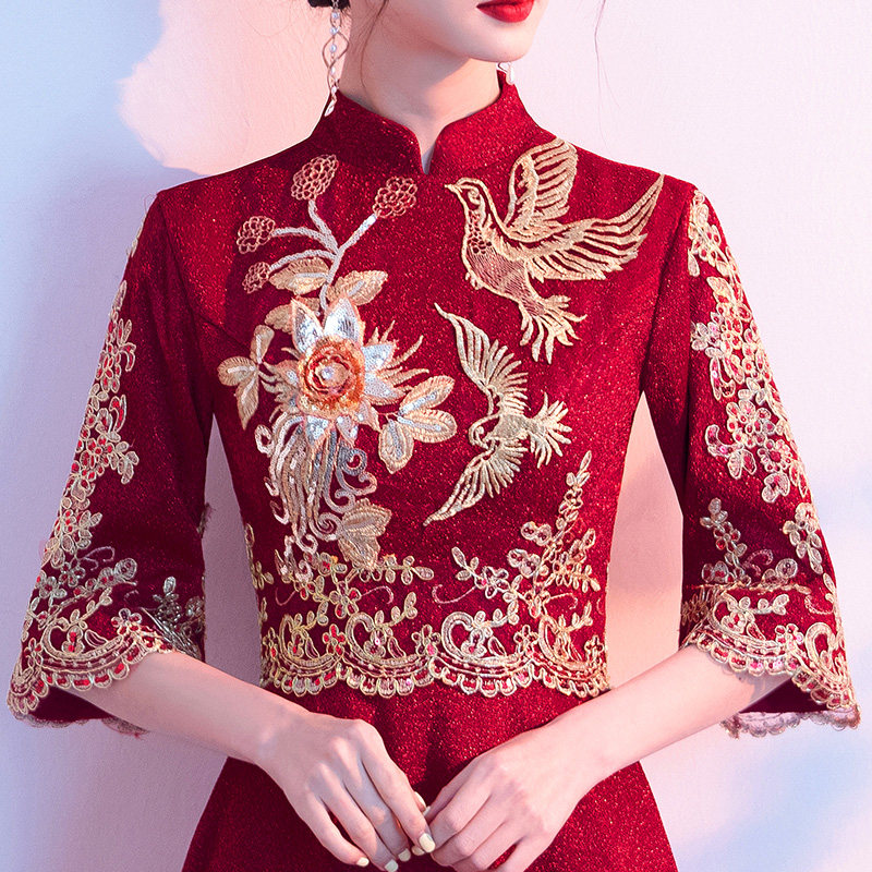 敬酒服新娘中式结婚订婚连衣裙回门孕妇酒红色旗袍小个子礼服裙女