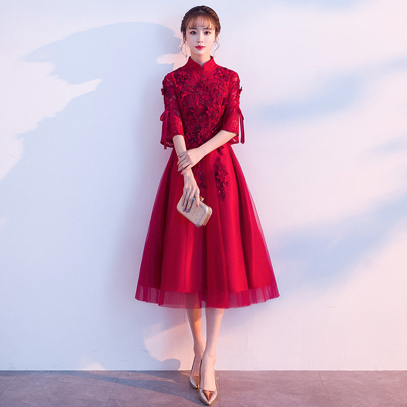 敬酒服新娘2020新款小个子孕妇酒红色结婚回门订婚旗袍晚礼服裙女