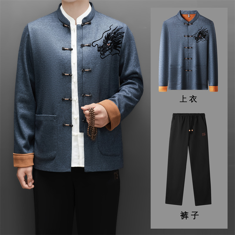 冬季老人绣花唐装风男加绒套装爸爸中式品质外套T25338P180，男装民族服装，星座804（原QT730）