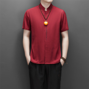 25年仿真丝高端提花唐装男士中老年风新中式汉服M9303P73红色