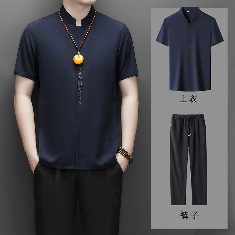 高端提花唐装仿真丝男士中老年风新中式汉服T9303P103藏青色,男装民族服装,星座804（原QT730）
