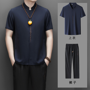 高端提花唐装仿真丝男士中老年风新中式汉服T9303P103藏青色图片