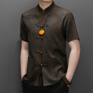 夏季高端唐装男士中老年风新中式汉服M5106P93咖色图片