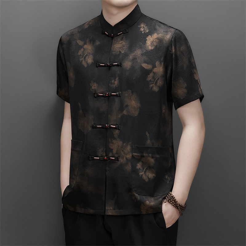 夏季香云纱高端提花唐装中老年风新中式汉服MB9217P86黑色,男装民族服装,星座804（原QT730）