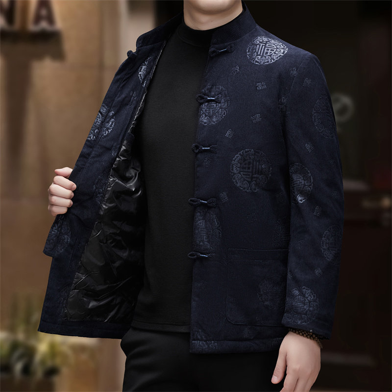 XZ804冬季老人印花羽绒服风唐装汉服灯芯绒外套D2293P185,男装民族服装,星座804（原QT730）