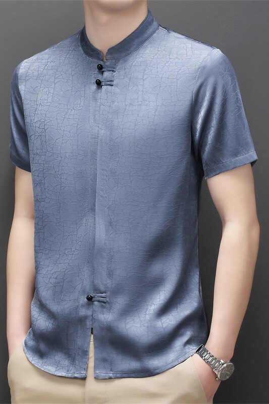 夏季风短袖衬衫男装汉服盘扣立领休闲男士衬衣M226P60灰蓝色,男装民族服装,星座804（原QT730）