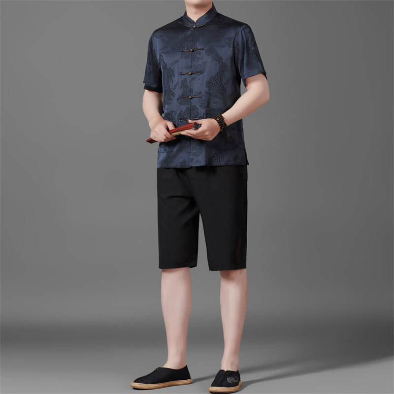 夏季套装高端唐装男士中老年风新中式MB5106P115蓝色,男装民族服装,星座804（原QT730）