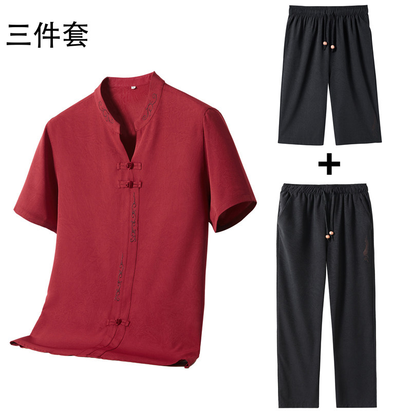 三件套夏季中老年风刺绣上衣爸爸V领刺绣唐装MC5107P110红色,男装民族服装,星座804（原QT730）