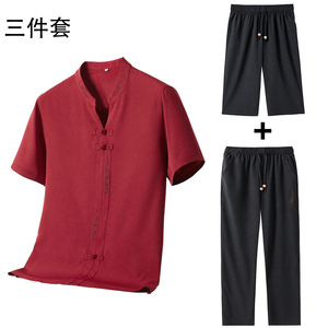 三件套夏季中老年风刺绣上衣爸爸V领刺绣唐装MC5107P110红色图片