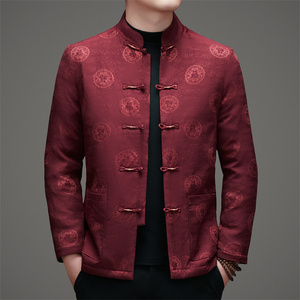 风男冬季老人印花羽绒服立领唐装汉服爷爷外套D21815P200蓝色图片