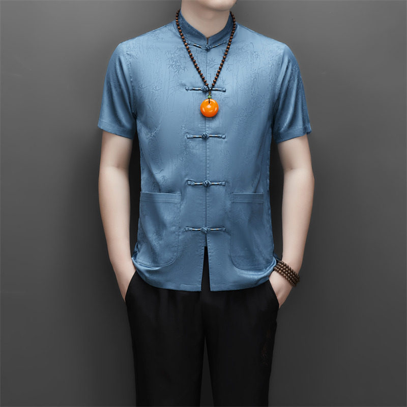 高端提花唐装男士中老年风新中式汉服T9302P123碧蓝色,男装民族服装,星座804（原QT730）