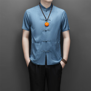 高端提花唐装男士中老年风新中式汉服T9302P123碧蓝色,黑色皮裙搭配红色衬衣图片