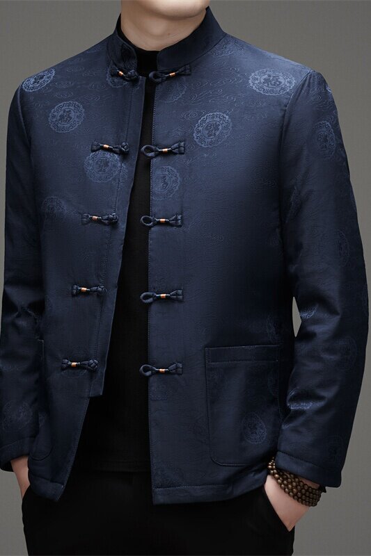 风男冬季老人印花羽绒服立领唐装汉服爷爷外套D21815P200蓝色,男装民族服装,星座804（原QT730）