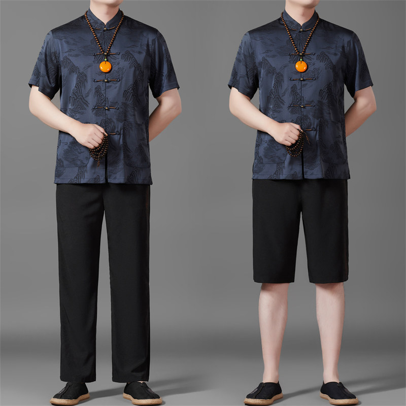 三件套唐装男士中老年风新中式汉服MC5106P140蓝色,男装民族服装,星座804（原QT730）