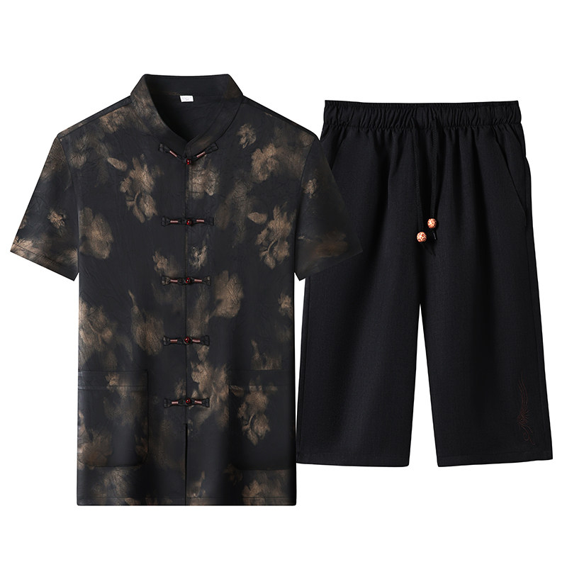 夏季香云纱高端提花唐装中老年风新中式汉服MB9217P86黑色,男装民族服装,星座804（原QT730）