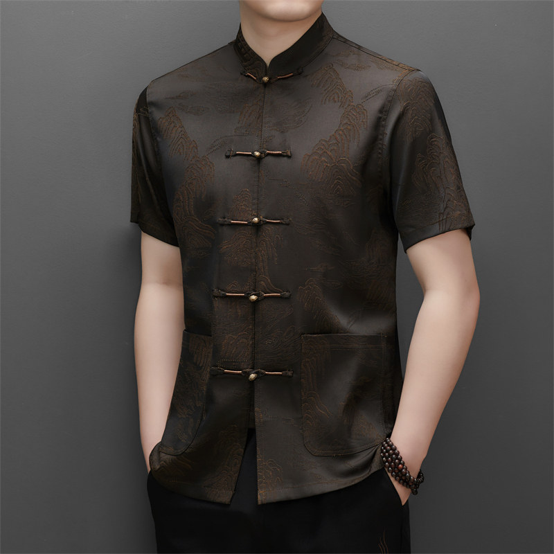 夏季高端唐装男士中老年风新中式汉服M5106P93咖色,男装民族服装,星座804（原QT730）