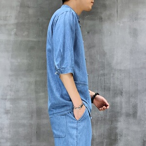 夏季风水洗牛仔五分袖薄款上衣大码汉服XZ804/S7708P85浅蓝色图片