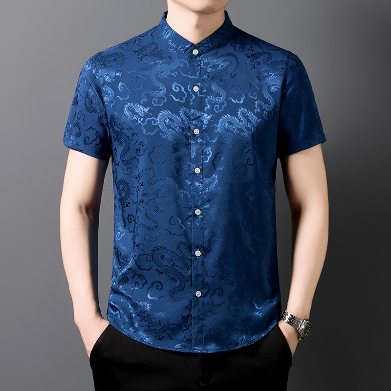 夏季仿真丝花衬衣韩版修身中青年上衣XZ804/M1093P42蓝色，男装衬衫，星座804（原QT730）