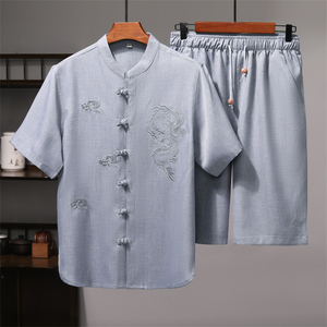 仿真丝短袖衬衫唐装中老年风新中式汉服B5101P87藏青色图片