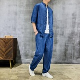 25年风水洗牛仔薄款唐装男五分袖套装XZ804/T7708P145，男装民族服装，星座804（原QT730）