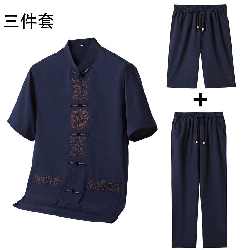 大码刺绣唐装中老年夏季短袖风爸爸三件套MC5102P112藏青色,男装民族服装,星座804（原QT730）