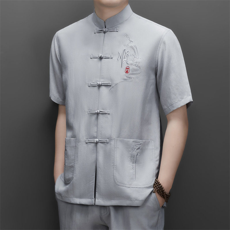 夏季天丝棉麻高端刺绣唐装男士中老年风新中式汉服M9606P73,男装民族服装,星座804（原QT730）