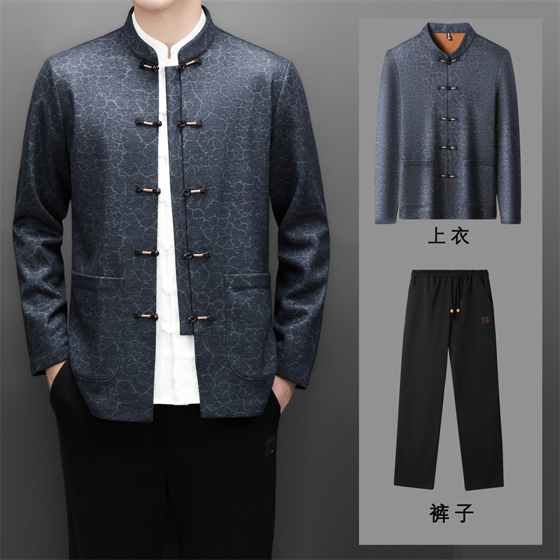 冬季老人印花唐装风男加绒套装爸爸中式品质外套T25317P180，男装民族服装，星座804（原QT730）