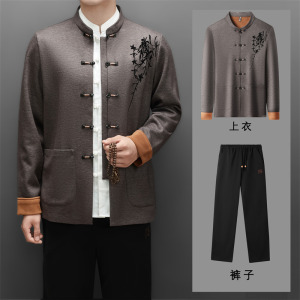 冬季老人绣花唐装风男加绒套装爸爸中式品质外套T25339P180，男装民族服装，星座804（原QT730）
