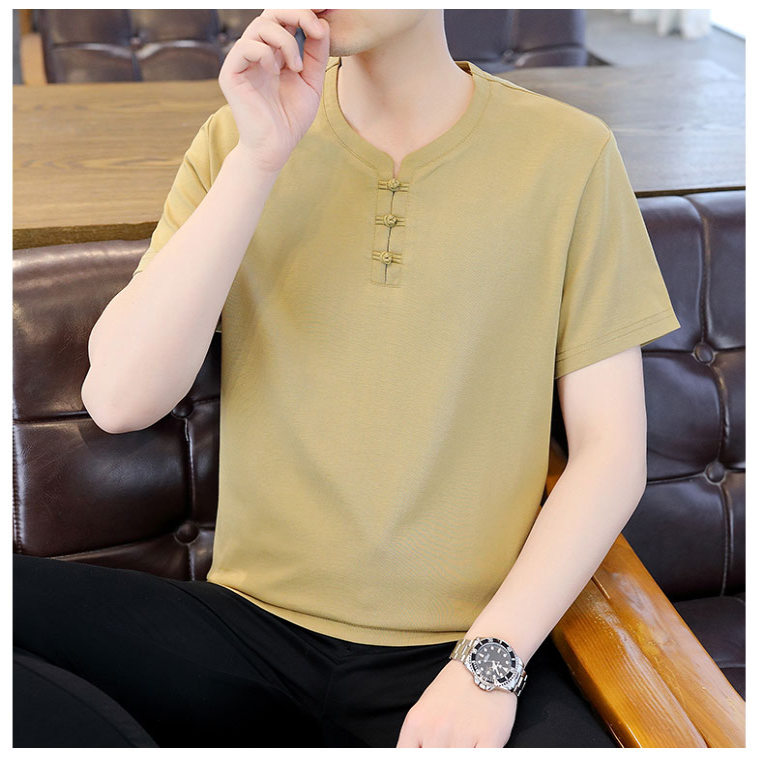 风盘扣禅服潮流大码男士夏季古风V领半袖上衣服XC6510P48黄色,男装民族服装,星座804（原QT730）