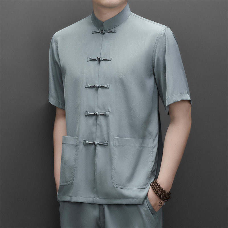 仿真丝高端提花唐装男士中老年风新中式汉服M9601P70灰绿色,男装民族服装,星座804（原QT730）