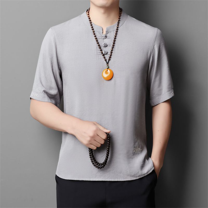 棉麻五分袖衬衫唐装男士夏中青年风新中式M5105P70浅灰色，男装民族服装，星座804（原QT730）