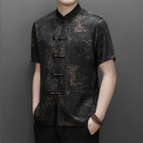 夏季香云纱高端印花唐装男士中老年风新中式汉服M9216P63黄色，男装民族服装，星座804（原QT730）