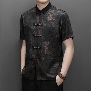夏季香云纱高端印花唐装男士中老年风新中式汉服M9216P63黄色