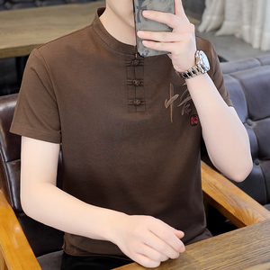 男夏季风大码盘扣禅服古风立领半袖上衣服XC6512P48焦糖色