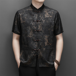 夏季香云纱高端印花唐装男士中老年风新中式汉服M9216P63黄色图片