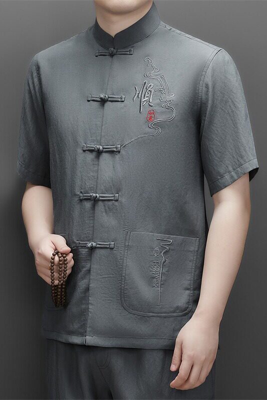 夏季天丝棉麻高端刺绣唐装男士中老年风新中式汉服M9606P73,男装民族服装,星座804（原QT730）