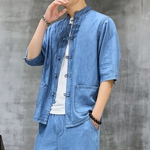 夏季风水洗牛仔五分袖薄款上衣大码汉服XZ804/S7708P85浅蓝色图片