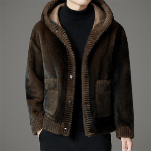 高品冬季皮毛一体仿皮草雪兰貂连帽短款外套M1177P285棕色图片