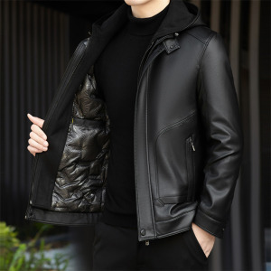 中老年皮羽绒服25年冬季新款帽可脱卸羽绒服皮夹克M76678P230外景图片
