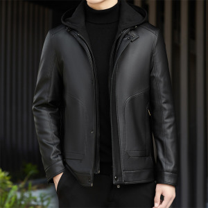 中老年皮羽绒服25年冬季新款帽可脱卸羽绒服皮夹克M76678P230外景图片