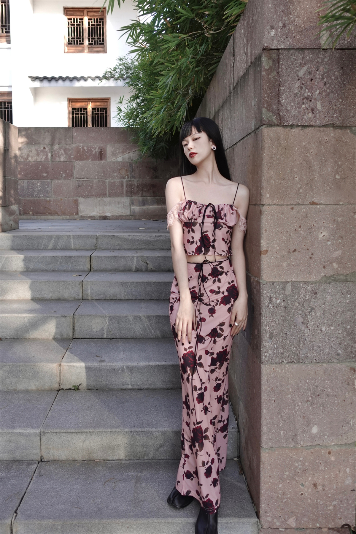 复古玫瑰碎花蕾丝新中式两件套