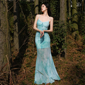 夏日薄荷绿海岛度假风鱼尾修身 小菊川栗 云岫浮光裙 吊带连衣裙