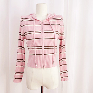 秋季新款搭衫韩版条纹显瘦针织连帽外套撞色长袖打底外搭粉咖色