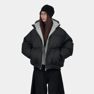 韩版卫衣连帽假两件棉服皮衣学生面包服撞色连帽羽绒棉服女外套