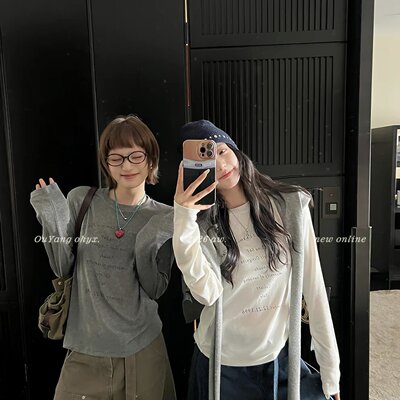 区区欧阳糯叽叽美式组'莱赛尔羊毛字母复古印花圆领修身长袖T恤